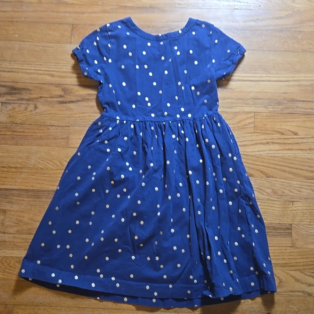 Mini Boden blue metallic gold polka dot short sleeve dress, 11-12Y